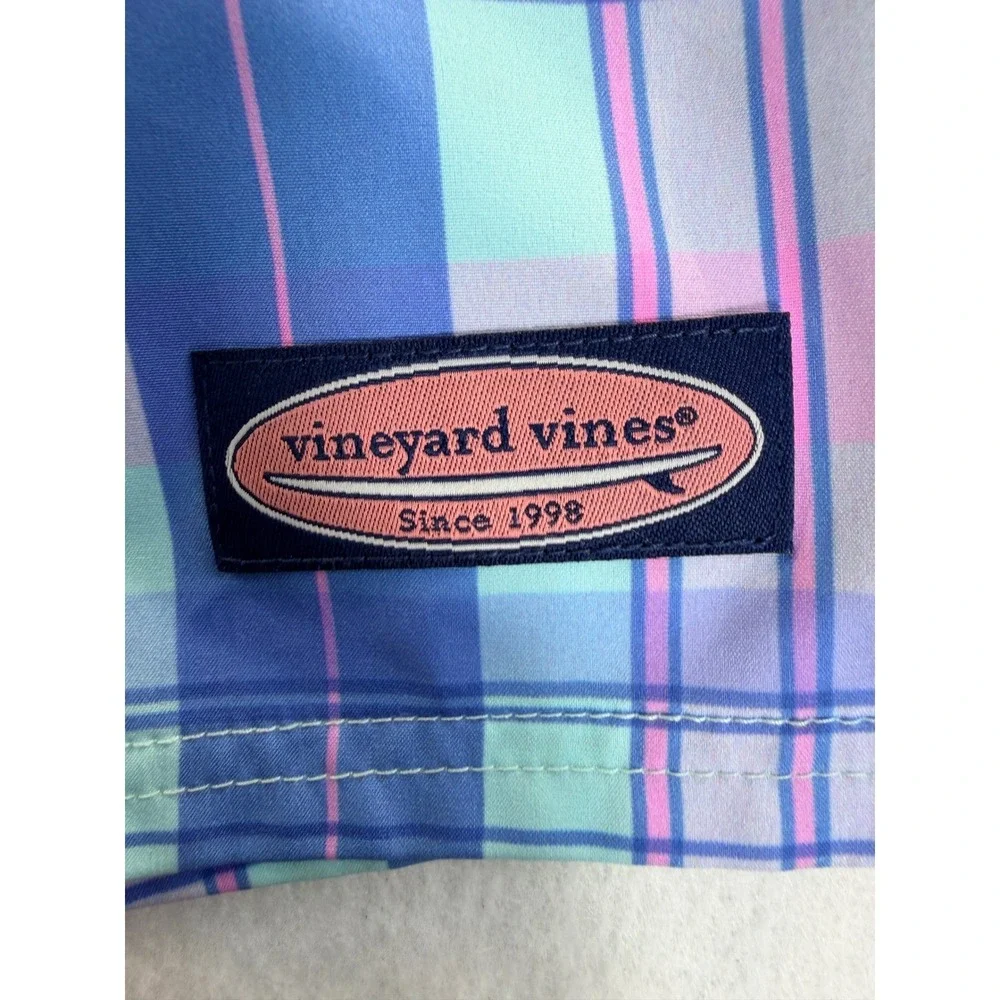 Vineyard Vines Mens Blue Pink Plaid Swim Trunks Drawstring Shorts Size L